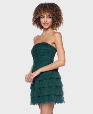 Juniors' Strapless Side-Shirred Tiered Glitter Mini Dress