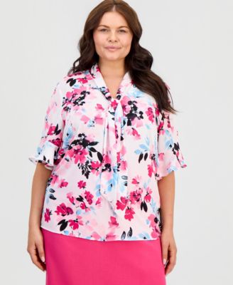 Plus Size Printed Short-Sleeve Tie-Neck Top