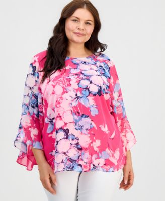 Plus Size Printed Ruffled 3/4-Sleeve Top