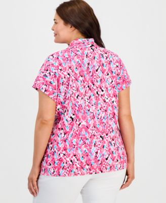Plus Size Printed Pleated Funnel-Neck Top