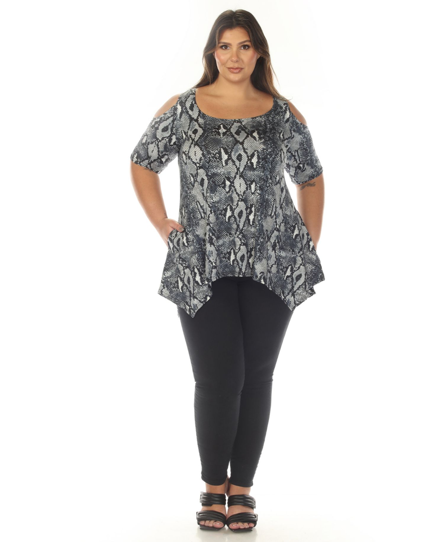 Plus Size Cold Shoulder Snake Print Swing Top