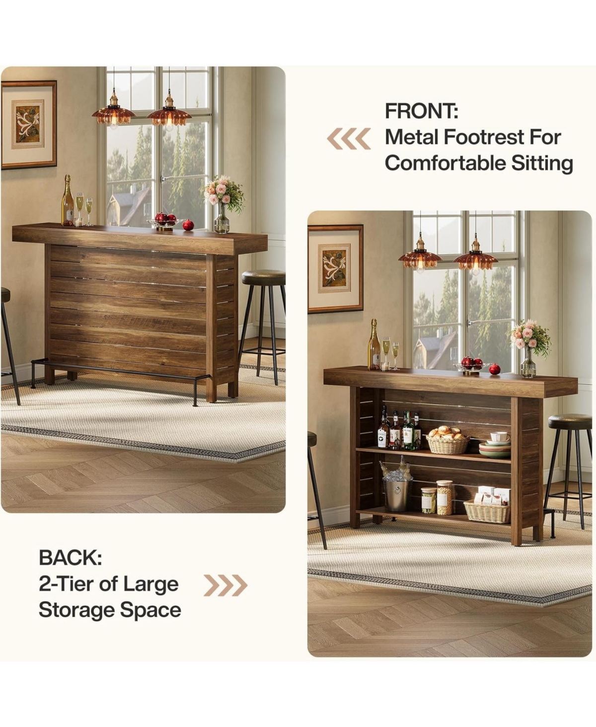 Tribesigns Industrial 3-Tier Bar Table, 63" Wooden Rectangular Home Bar Unite, Modern Counter Height Pub Table with Storage Shelves and Metal Footrest