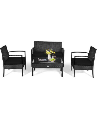 4 Piece Patio Rattan Furniture Set with Cushions, Loveseat & Table