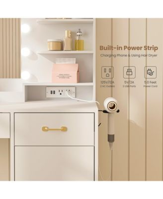 Makeup Table with Mirror, LED Bulbs and Power Outlet Vanity Desk with 3 Drawers and Storage Shelves Dressing Table for Bedroom Dressing Room