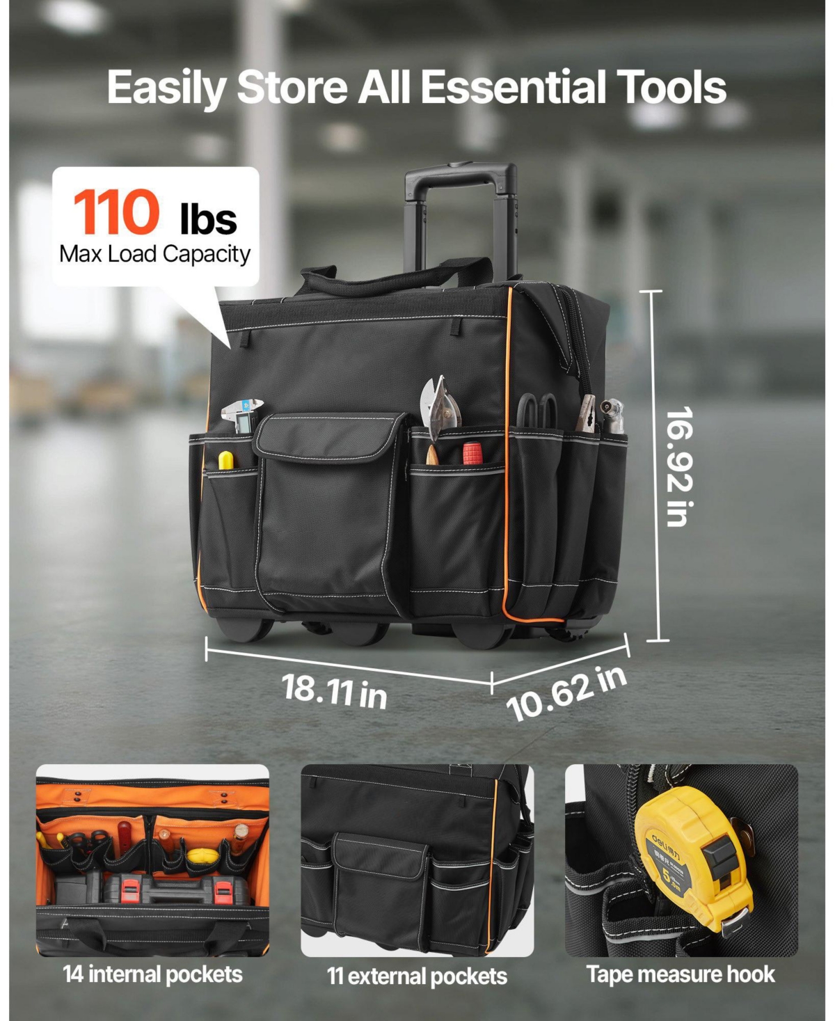 Mecale Rolling Tool Bag on Wheels, 110 lb Capacity, 25 Pockets, Heavy-Duty Tool Organizer with Telescoping Handle & Stable Base