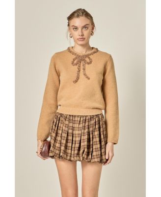 Women's Sheer Floral Bow Trim Sweater