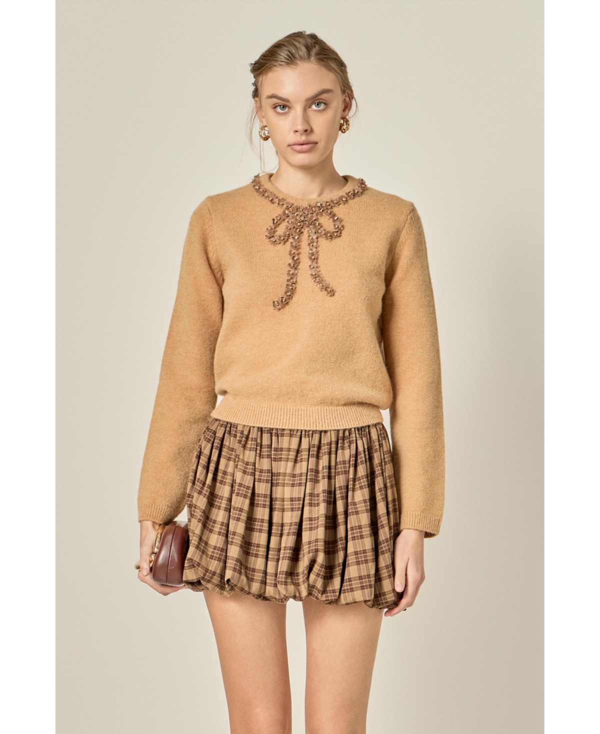 English Factory Women's Sheer Floral Bow Trim Sweater