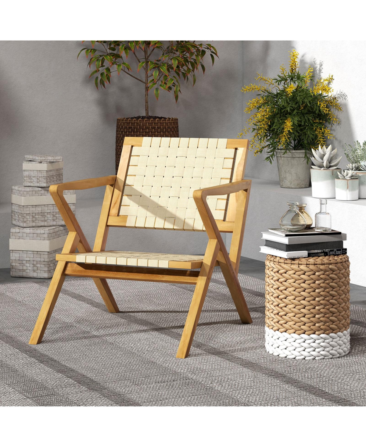 Slickblue Teak Wood Patio Chair with Webbing Seat and Backrest
