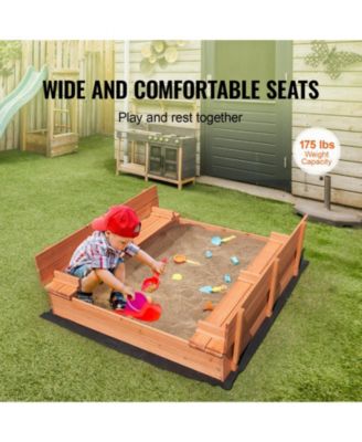 Wooden Sandbox, 52.4" x 47.2" x 16.9", Foldable Bench Seats & Bottom Liner, Ages 3-12