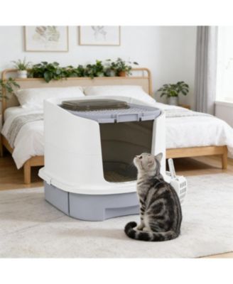 Covered Cat Litter Box in Grey and White