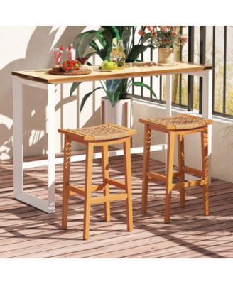 Set of 2 Outdoor Acacia Wood Bar Stools with Rattan Seats