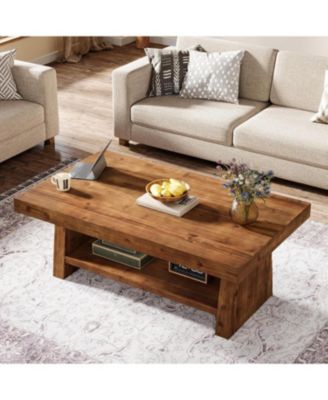 Solid Wood Coffee Table, 47-Inch Farmhouse Coffee Table with Storage, 2-Tier Rectangular Center Furniture