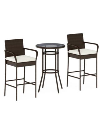 Outdoor Rattan Bar Table Set with 2 Cushioned Chairs
