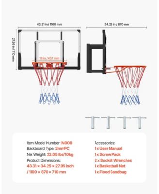 Wall-Mount Basketball Hoop, 44" PC Backboard with Solid Steel Frame, 0.08" Thick Backboard, Woven Nylon Net