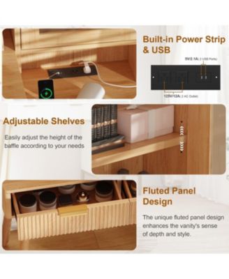 5 Drawer Makeup Vanity Desk Lights & Power Outlet, Modern Fluted Design for Bedrooms, Apartments, Easy to Assemble