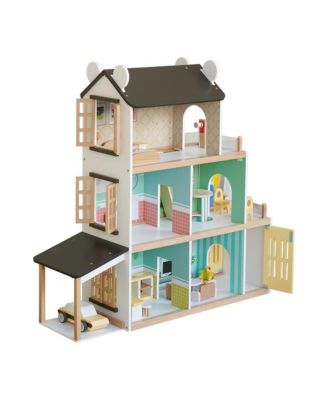 Light-Up Dollhouse for Girls, 3-Story Wooden House with Balcony & Furniture