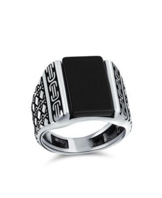 Cable Etching Band Green Agate Black Onyx Rectangle Signet Ring Heavy .925 Sterling Silver