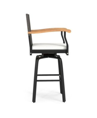 Patio Swivel Bar Stool with Acacia Wood Armrests and Cushion