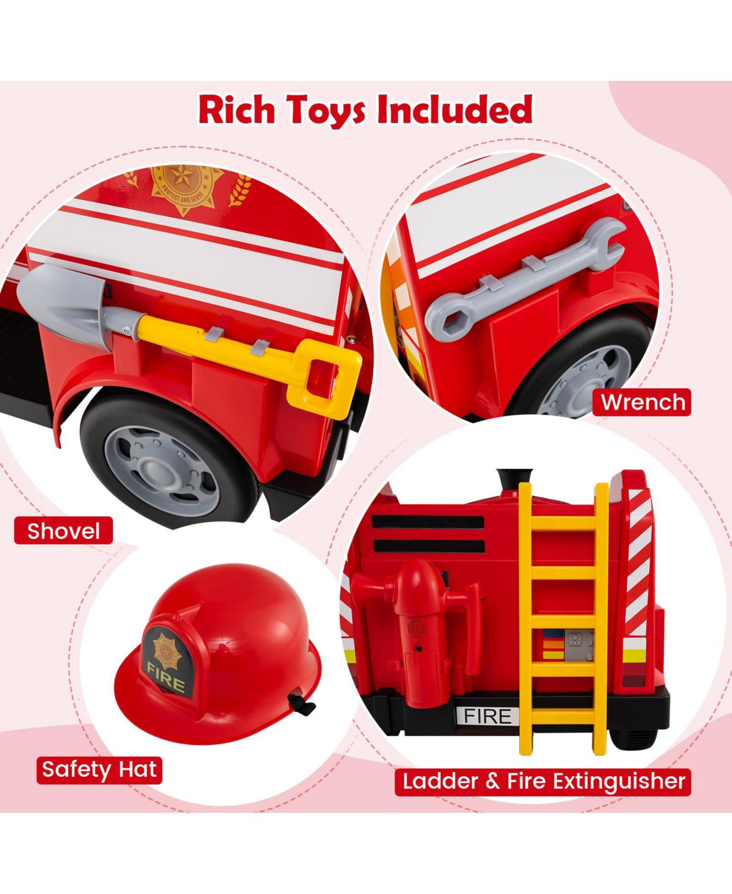 Детская игрушка HONGGE Electric Fire Truck Ride-On with Remote Control, 34"L x 19"W x 20.5"H, Ages 3+, цвет: Красный — фото 5