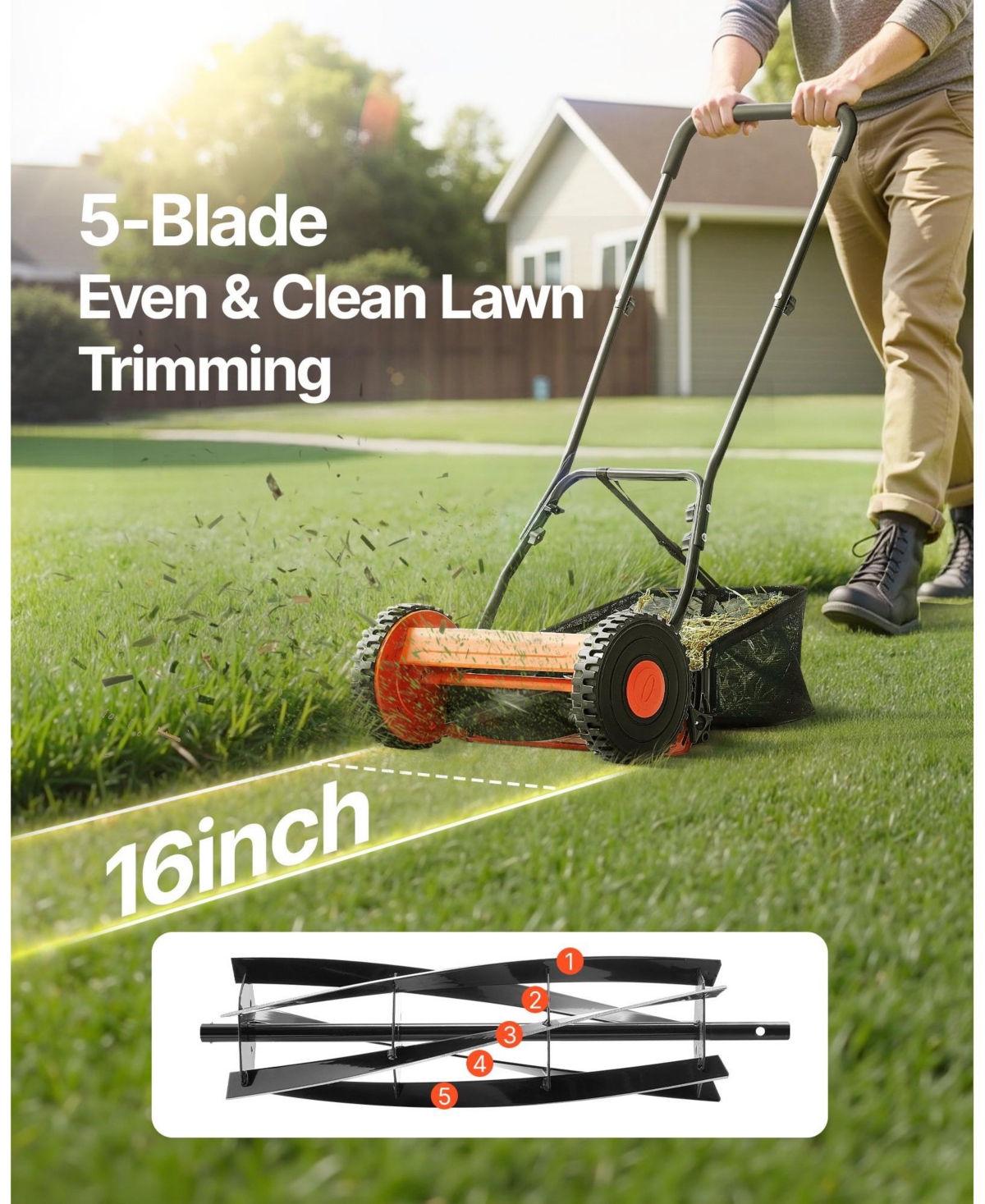 Mecale 16" Push Reel Lawn Mower, 5-Blade Manual Mower, 0.6–1.75" Adjustable Cutting Height, Includes Grass Catcher Bag