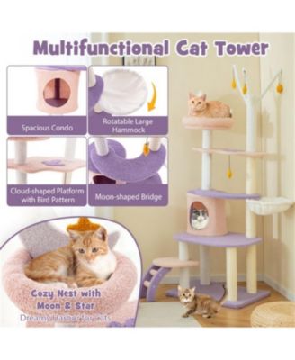 62" Tall Multi-level Cat Tower with Scratching Posts in Purplish Pink