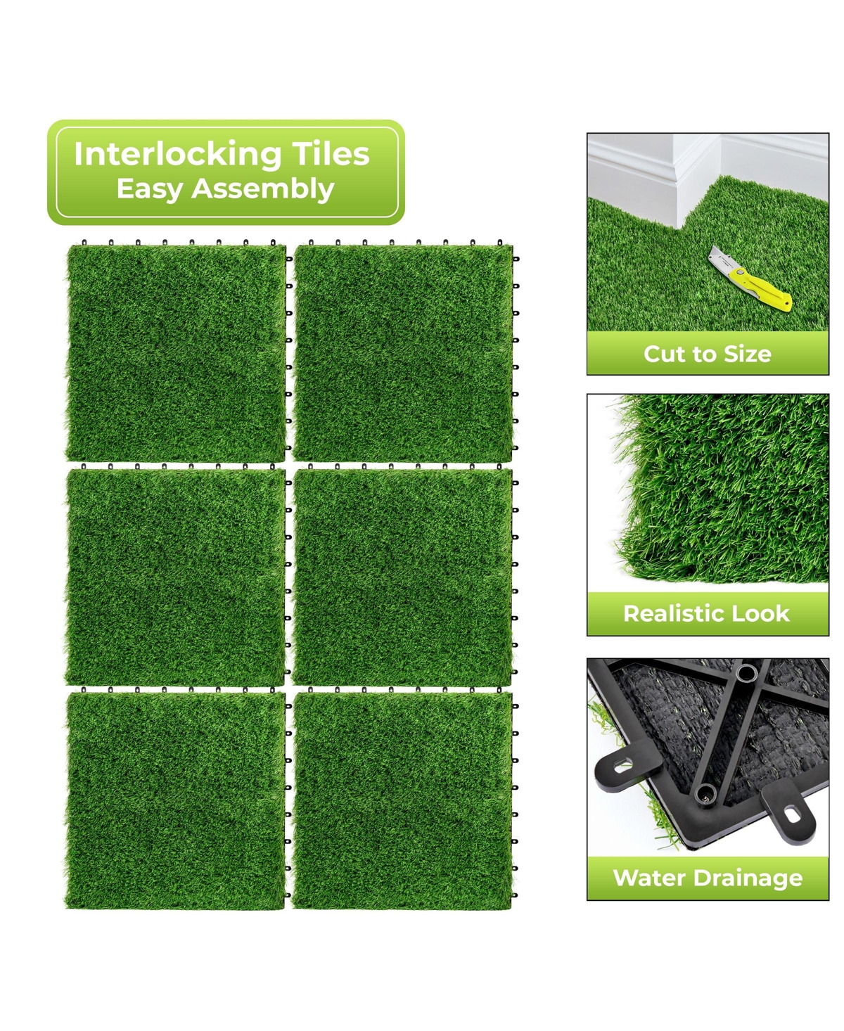 Sorbus Interlocking 24"x24" Artificial Grass Tiles for Balcony, Patio, Deck Flooring, Pets & Dog Pad - Self-Draining