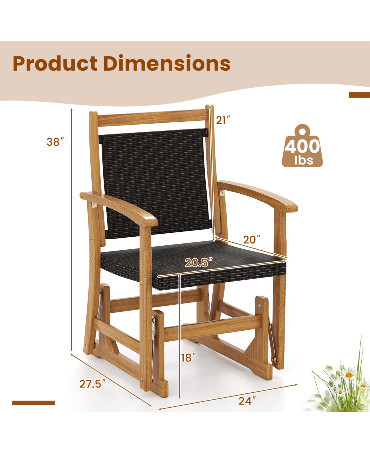 Slickblue Patio Rattan Glider Chair with Acacia Wood Frame and Wicker Seat