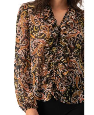 Women's V-Neck Ruffle Trim Printed Blouse