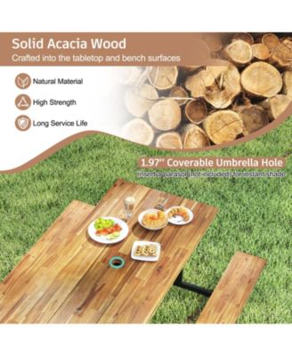 Outdoor Acacia Wood Picnic Table with 2 Benches for 6 Person