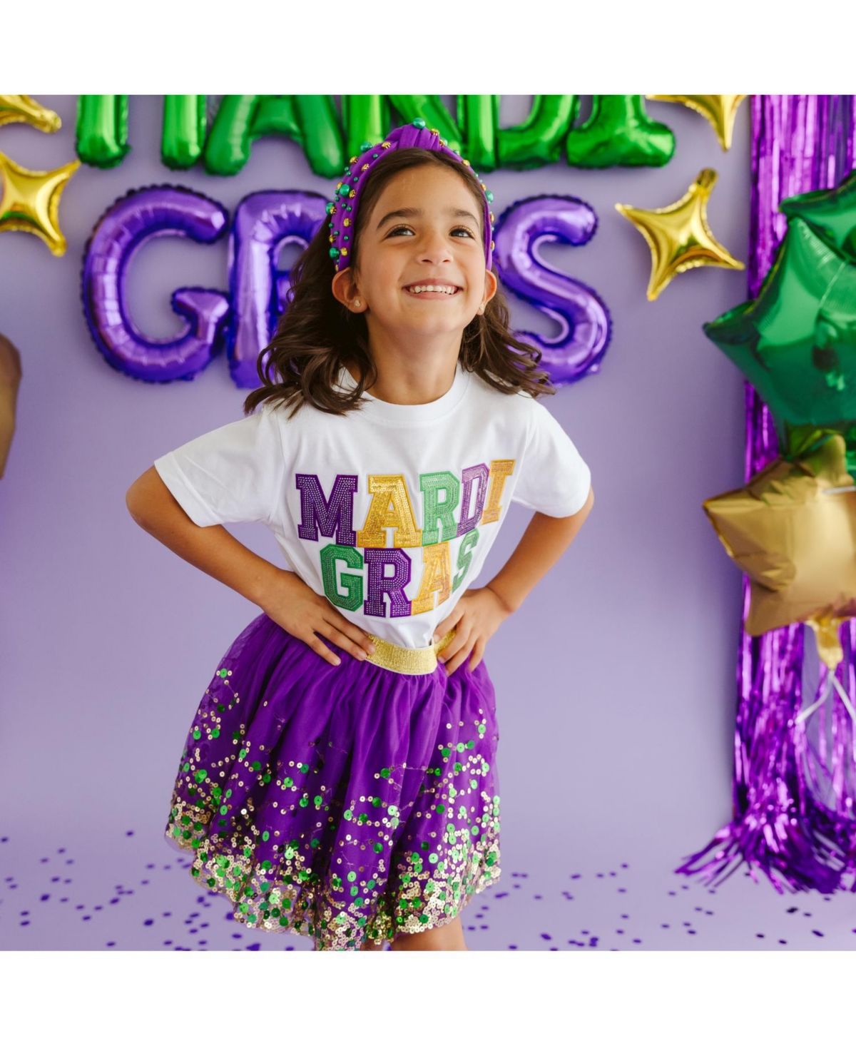 Sweet Wink Little Girls Mardi Gras Sequin Patch Short Sleeve T-Shirt