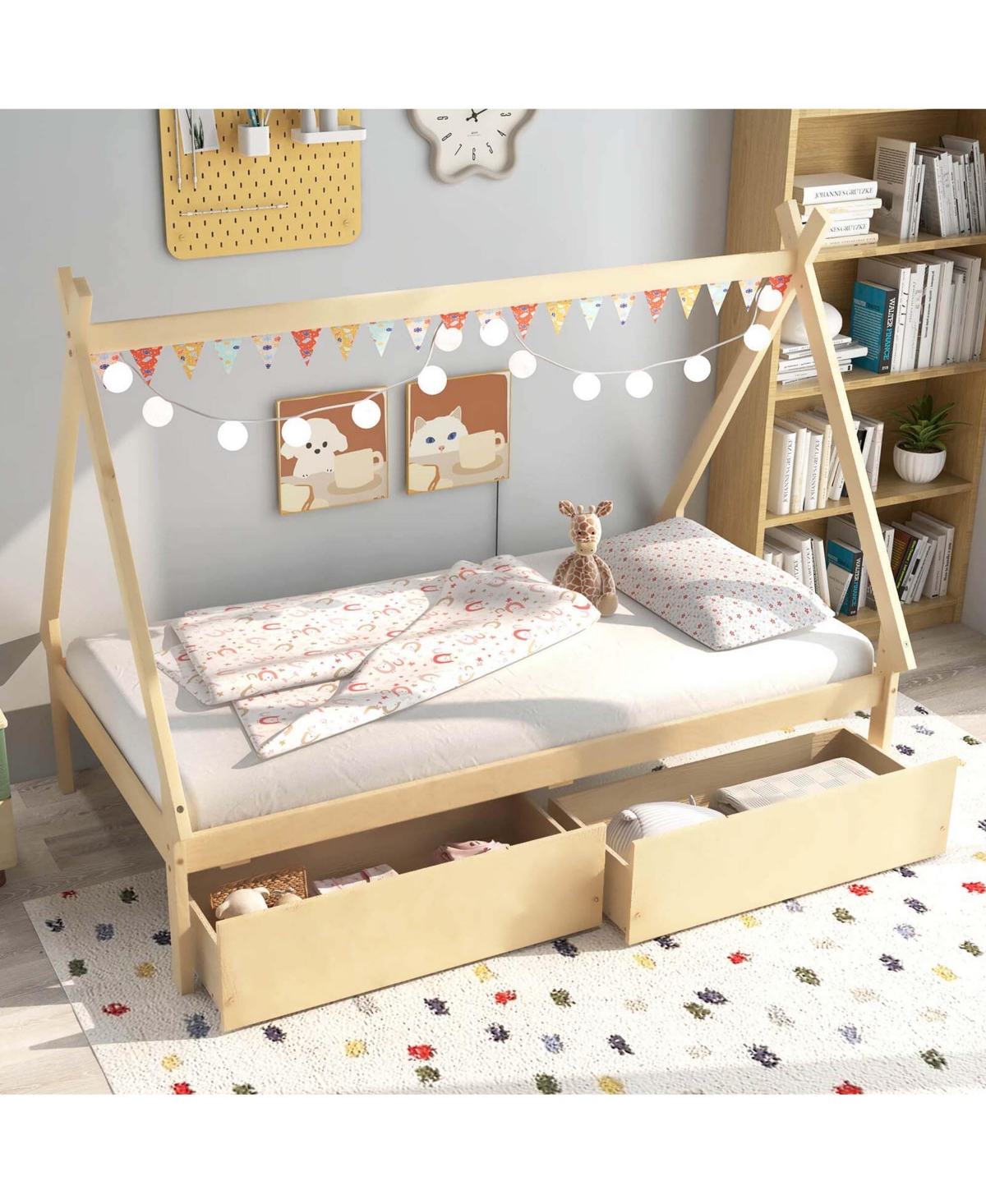Costway Twin Wooden House Bed with 2 Drawers Roof Storage for Boys & Girls