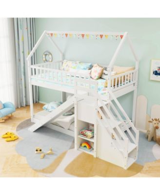 Twin Over Twin Bunk Bed with Slide & Staircase with Storage Compartments