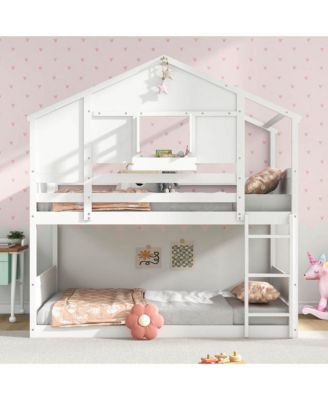 Twin Over Twin Bunk Bed for Kids with Roof Lockable Window Storage Box Wood Slats