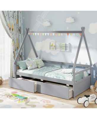 Twin Size House Bed with Roof Safety Guardrail 2 Storage Drawers Wood Slat Support