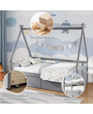Twin Size House Bed with Roof Safety Guardrail 2 Storage Drawers Wood Slat Support
