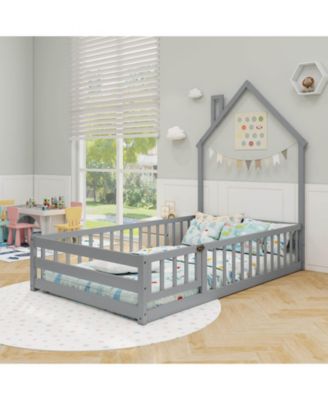 Twin Size Montessori Floor Bed for Toddler with Lockable Door Full-Length Guardrail