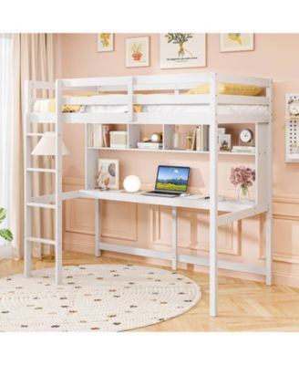 Twin Size Loft Bed with Desk & Shelves Safety Guardrails & Ladder Storage