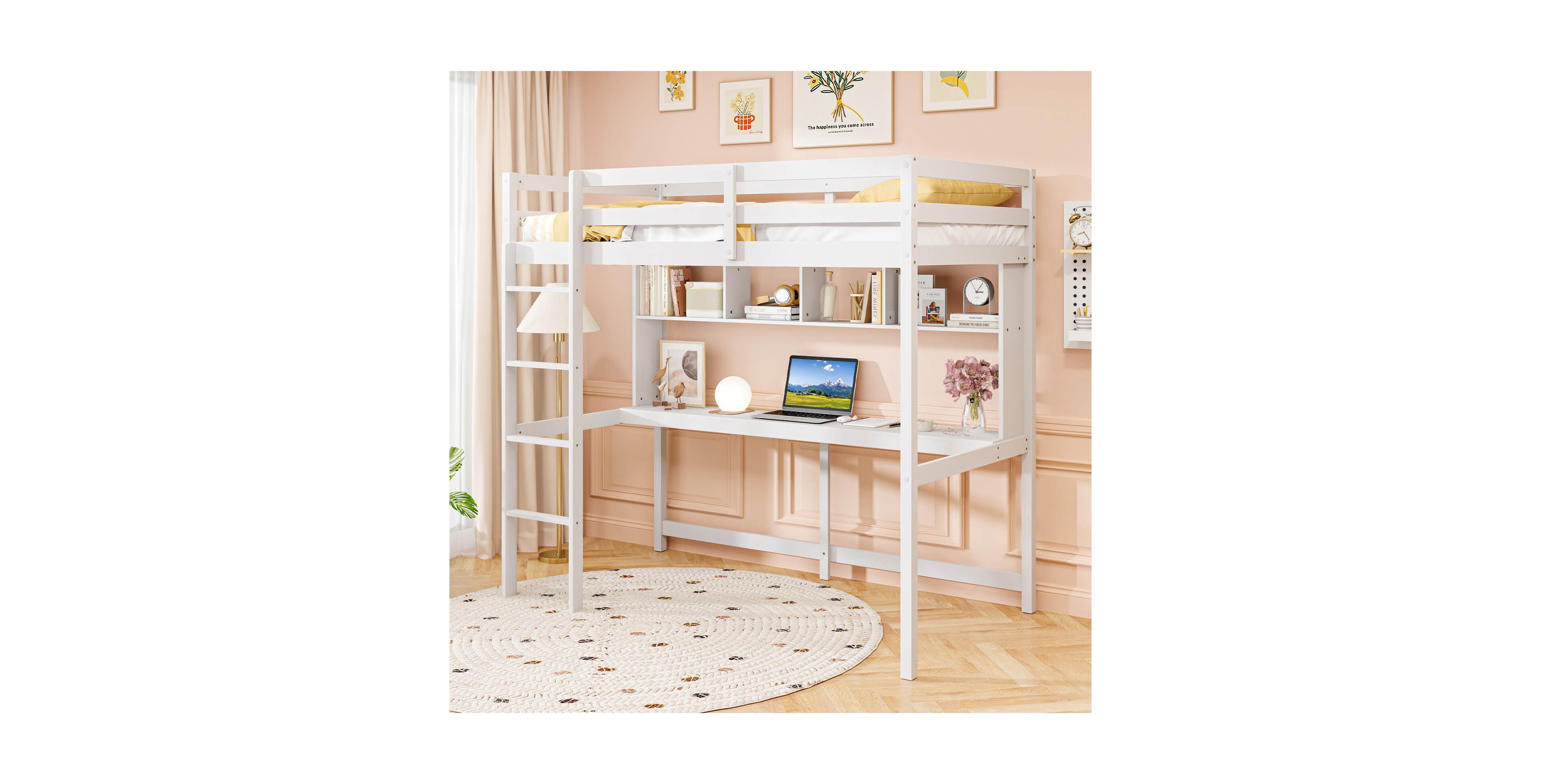 Costway Twin Size Loft Bed with Desk & Shelves Safety Guardrails & Ladder Storage