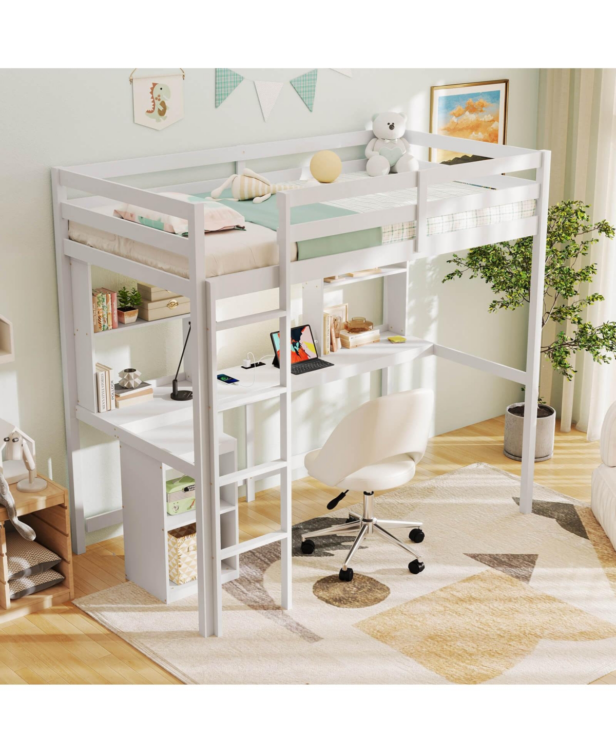 Costway Twin Loft Bed with Led Light & Power Outlet Desk Storage Shelves & Cabinet