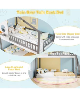 Twin over Twin House Bunk Bed with Roof Ladder & Full-length Guardrails for Kids