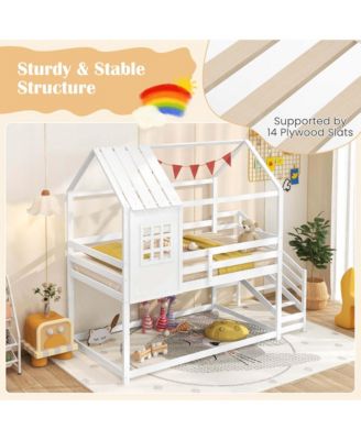 Twin House Bunk Bed with Stairs Roof Rails & Window Full-length Guardrails