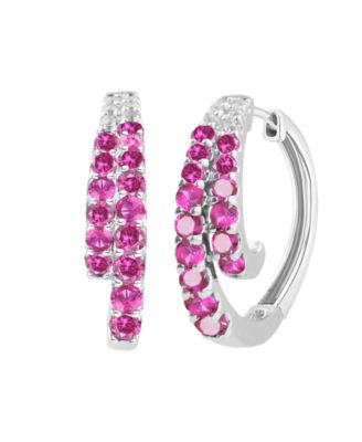 Lab-Grown Ruby (1 ct. t.w.) and White Sapphire (0.02 ct. t.w.) Hoop Earrings in Sterling Silver (Also Available in Emerald, Sapphire)