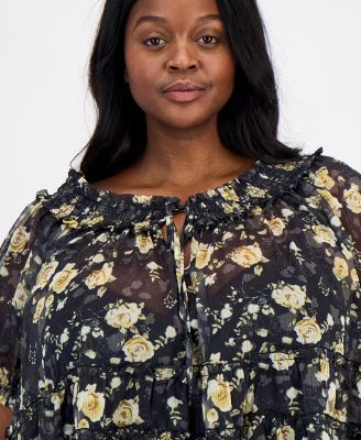 Trendy Plus Size Tie-Front Puff-Sleeve Top