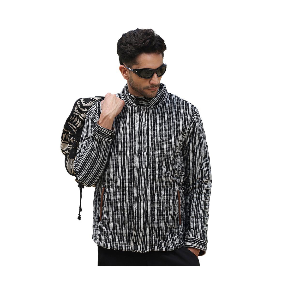 Campus Sutra Men's Midnight Black Woven-Striped Quilted Jacket