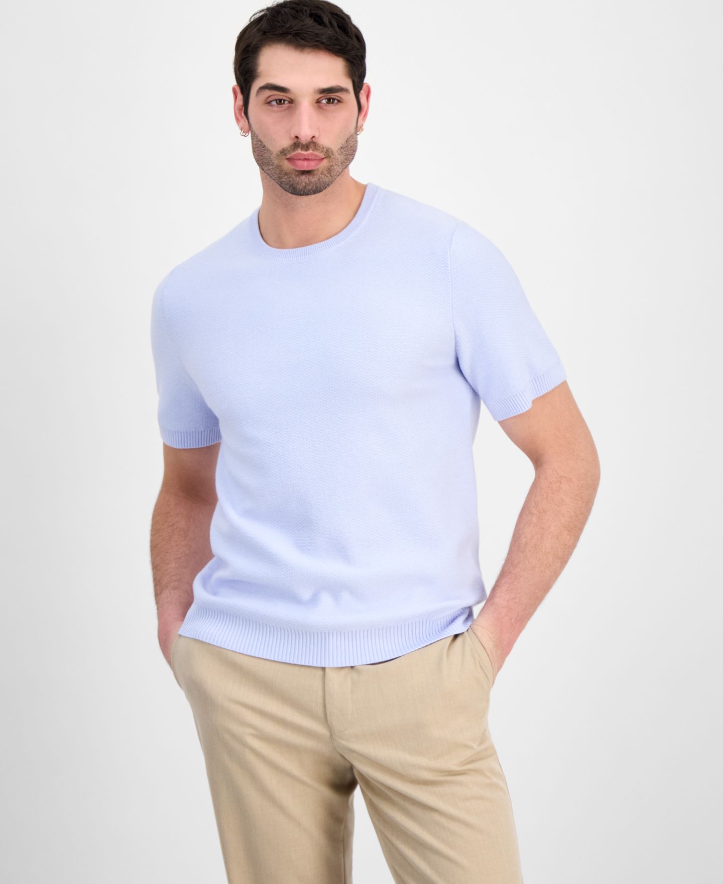 Мужской свитер Alfani Oversized Piqué Knit Short-Sleeve Sweater, цвет: Лавандовый ледяной — фото 1