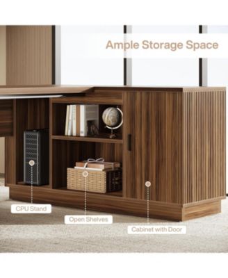 70.8-Inch Fluted Executive Desk with File Cabinet, L-Shaped Office Desk with Storage Shelves, Large Modern Computer Desk