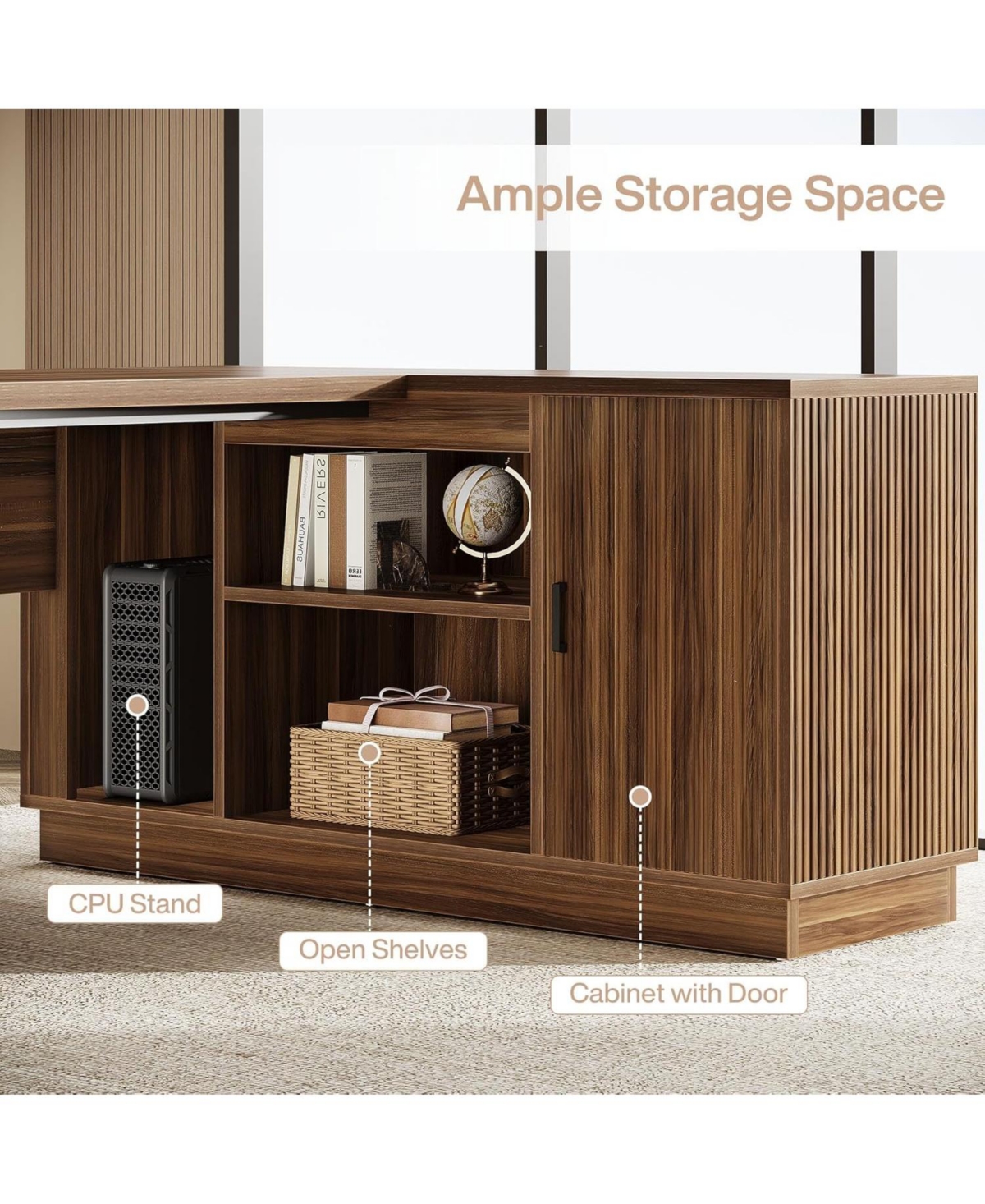 Tribesigns 70.8-Inch Fluted Executive Desk with File Cabinet, L-Shaped Office Desk with Storage Shelves, Large Modern Computer Desk