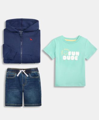 Boys' Toddler 12M-5T Zip-Up Hoodie, Fun Dude T-Shirt & Knit Denim Shorts