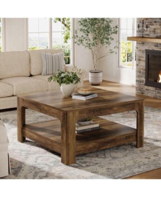 Square Coffee Table for Living Room, 39.4-Inch Large Farmhouse Wooden Center Tea Accent Table with 2-Tier Storage, Rustic Brown