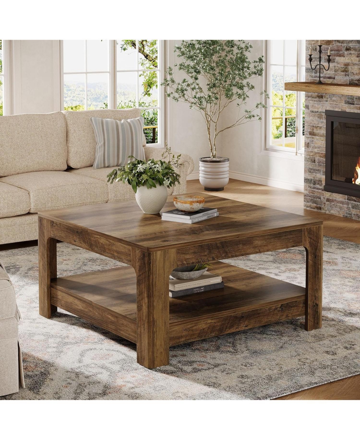Tribesigns Square Coffee Table for Living Room, 39.4-Inch Large Farmhouse Wooden Center Tea Accent Table with 2-Tier Storage, Rustic Brown